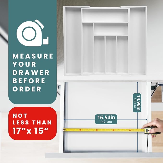 Sben Bamboo Cutlery Drawer Organizer, Expandable 10.3 to 16.5 Inch Silverware Drawer Organizer with 8 Compartments, Utensil Tray and Flatware Organizer for Kitchen Drawers (White, Medium) - Image 9