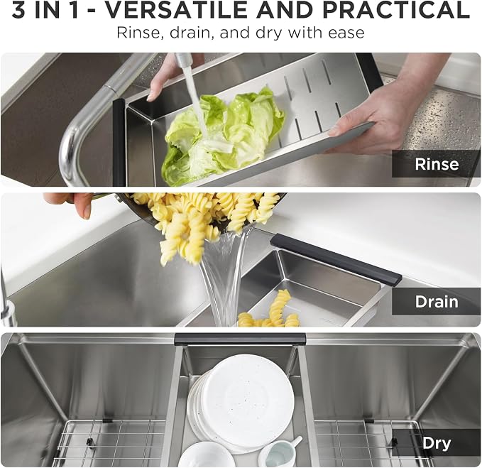 SANYCASA Stainless Steel Colander for Workstation Kitchen Sink, 304 Heavy Duty Strainer Basket, Large Capacity Kitchen Sink Drainer for Pasta, Fruits & Vegetables, 17" x 8" x 3" - Image 4