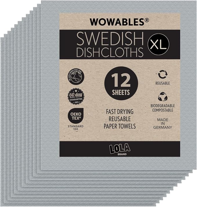 Swedish Dishcloths for Kitchen XL, 12 Sheet Roll, Biodegradable & Compostable, Reusable Paper Towel Cleaning Cloths, 11" x 10", No Odor, Washing Dishes, Ultra Absorbent Cellulose Sponge Towel, By LOLA by LolaProducts