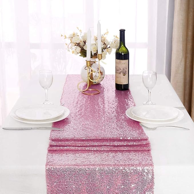 Rose Pink Sequin Table Runner 12 Pack 12''x108 Glitter Table Runner - Image 2