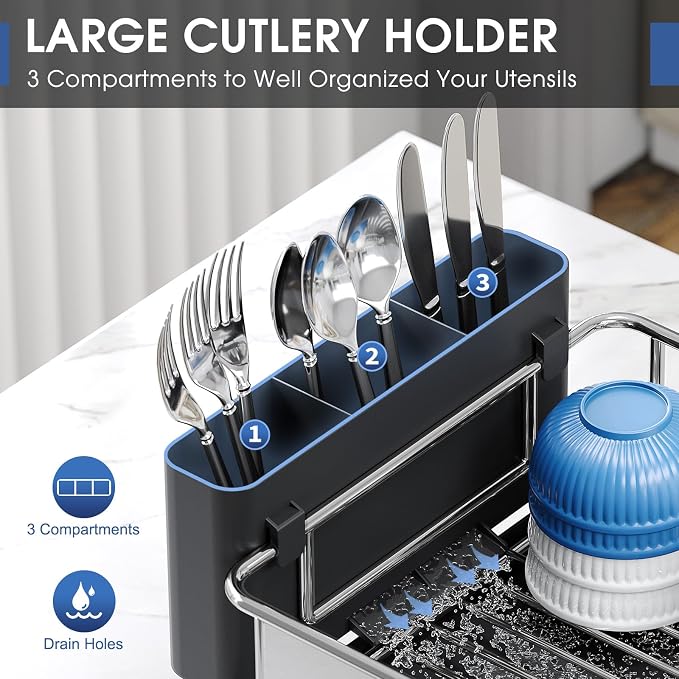KINGRACK Dish Drainer, Stainless Steel Dish Rack, Dish Drying Rack with Anti-Rust Frame, Optional 2 Direction Spout Drain Board Design, Removable 4 Compartment Utensil Holder for Kitchen, Grey - Image 5