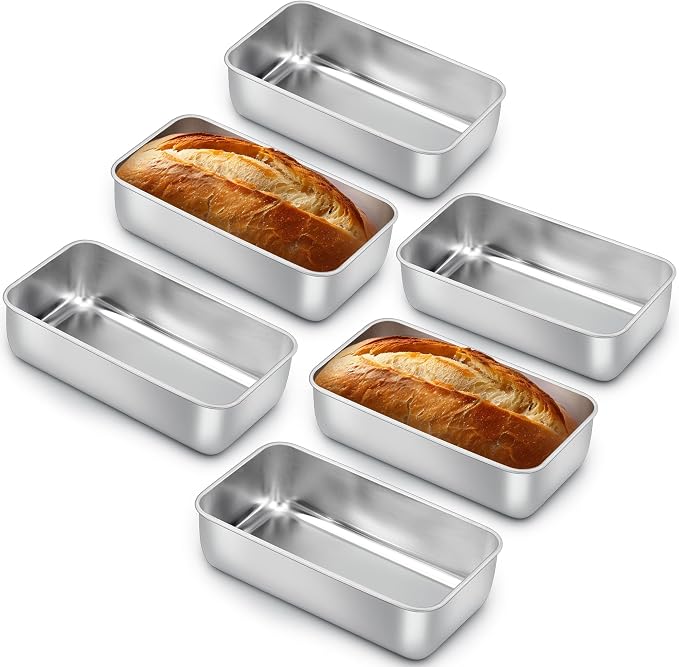 E-far Loaf Pan for Baking Bread, 9 x 5 Inch Stainless Steel Bread Pan, 6PCS | Non-Toxic Bread Tins for Homemade Banana Cake Meatloaf Brownies, Healthy & Easy Release, Dishwasher Safe by E-far