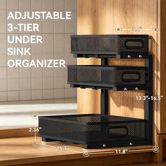 2 Pack 3 Tier Under Sink Organizer with Pull Out Drawer, Height Adjustable Heavy Duty Metal Under Cabinet Organizer, Smooth Sliding Storage Shelf for Kitchen, Bathroom Cabinet Organization, Black - Image 2