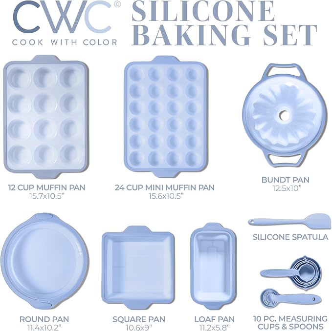 COOK WITH COLOR 17 Pc. Silicone Baking Pan Set - Non-Stick & Easy Clean Silicone Muffin Pans for Baking with Sturdy Metal Frame for Stability, Flexible Cake Molds, Includes Measuring Cups and Spoons - Image 8