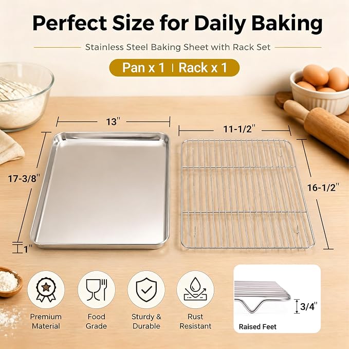 Onader Half Sheet Pan with Cooling Rack Set, 18x13 Inch Stainless Steel Large Baking Cookie Sheet, Metal Oven Baking Tray with Wire Rack, Nonstick, Includes 1 Pan + 1 Rack - Image 2