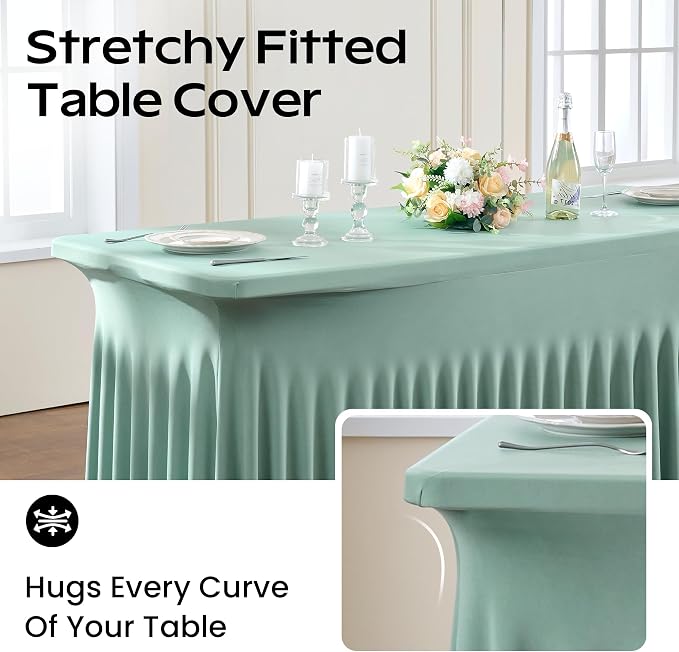2pack Sage Green Spandex Tablecloths 8ft for Rectangle Tables, Wrinkle Free Classy Table Skirt Stretchy 8 Foot Fitted Table Cloths Covers for Weddings Birthday Party Events Banquette Baby Shower - Image 4