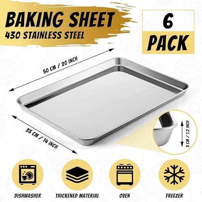 Mimorou 6 Pcs Baking Sheet Set Stainless Steel Cookie Sheet Cookie Baking Pan Bakeware Oven Tray Dishwasher Safe Commercial Grade Pans(20x14x1.2 Inch) - Image 2
