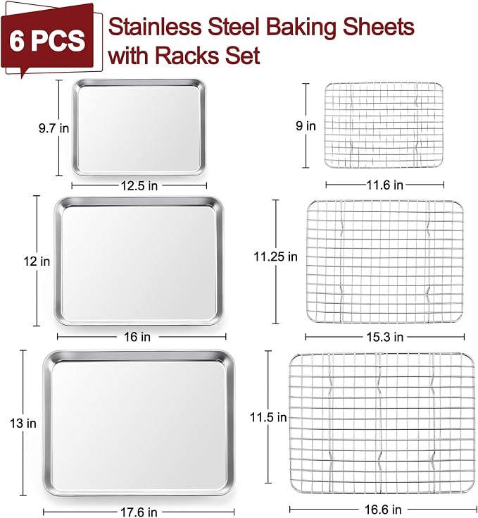 TeamFar Baking Sheet with Rack, Stainless Steel Sheet Pan-17.6/16/12.5 Inch | Cookie Sheets Baking Trays and Cooling Racks for Cooking, Non-Toxic & Heavy Duty, Dishwasher Safe, 6 PCS (3 Pans + 3 Racks) - Image 2