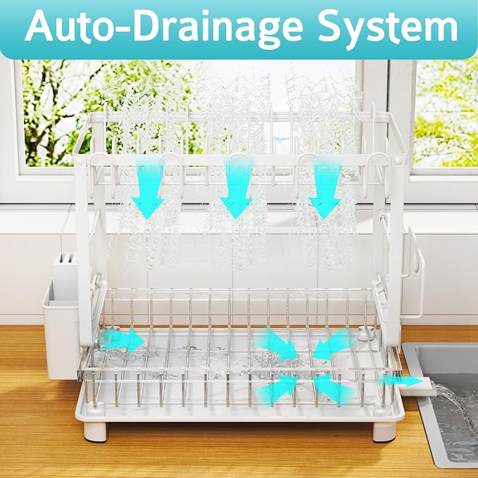 2-Tier Dish Drying Rack for Kitchen Counter, Space-Saving, White - Image 3