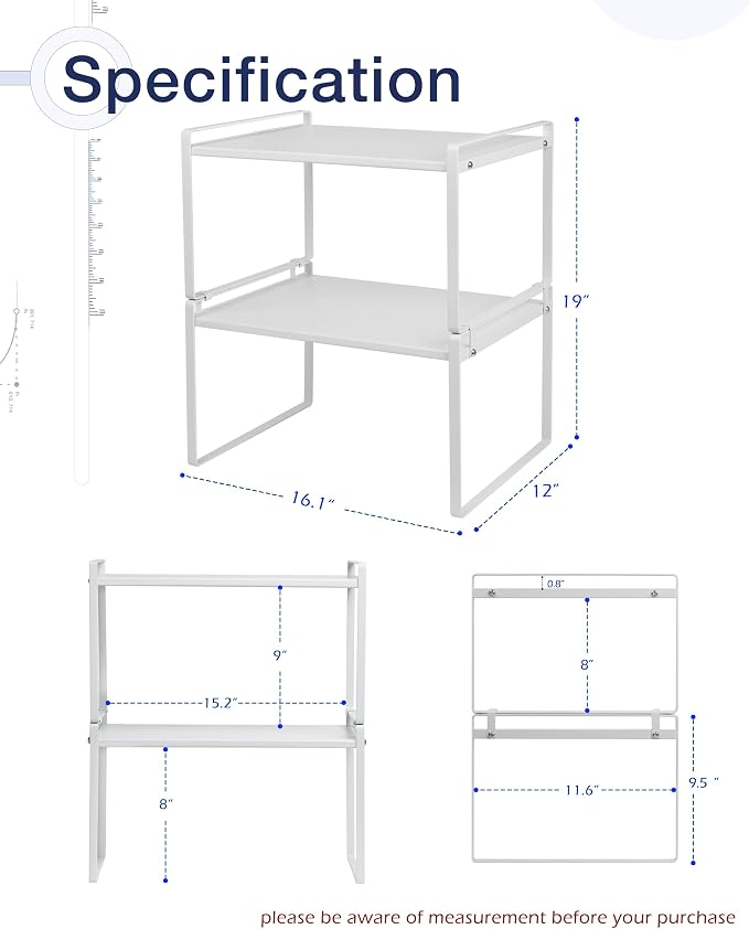 Nxconsu Stackable Cabinet Shelf Organizer 2 Pack, Wide Tall White | Heavy-Duty 3mm Steel Stackable 2-Tier Shelf, Holds 50 lb, for Kitchen Cabinet Pantry Cupboard Counter Bathroom Under Sink - Image 3