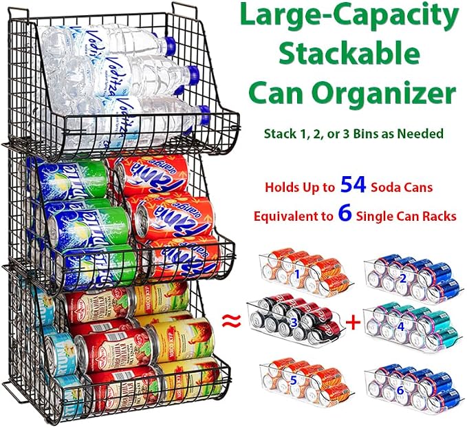 Stacking Can Dispensers 3 Tier with 3 Divider, Large Pantry Can Organizer, Beverage Drink Pop Soda Can Storage Basket, Can Holders for Pantry, Canned Food Rack Wire Bins for Kitchen Cabinet (3-Pack) - Image 2