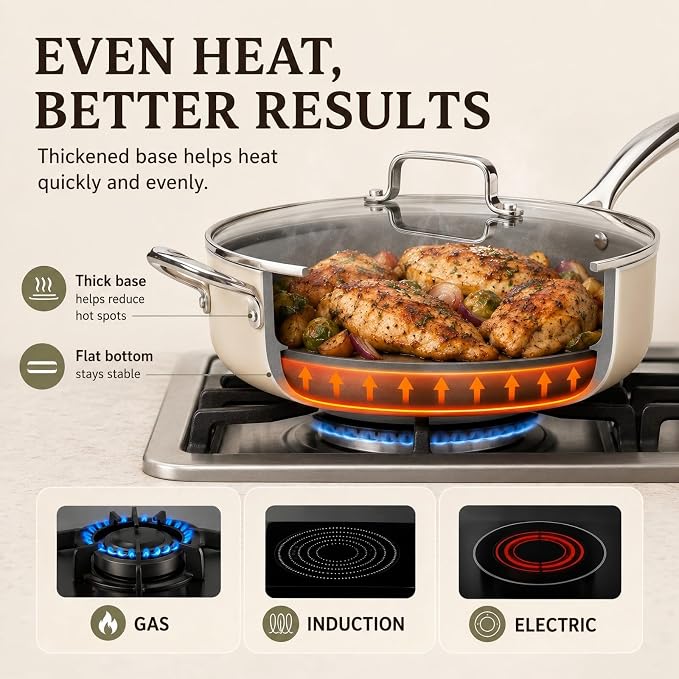 Kikcoin 12 INCH Ceramic Nonstick Deep Frying Pan with Lid, 5 QT Saute Pan - Image 4