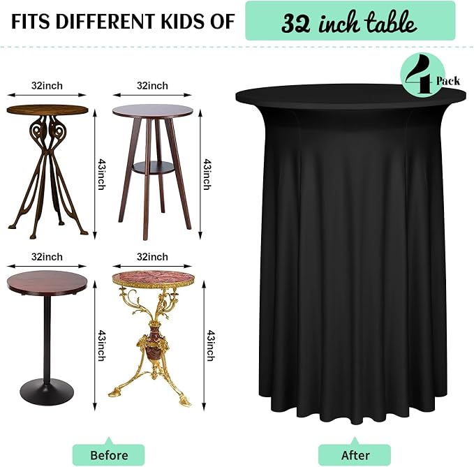 4 Pack Cocktail Stretch Table Skirt, Black, 32 x 43 inch - Image 3