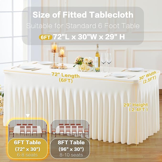 gogoparti 8 Pack Spandex Ivory Fitted Table Cloth for 6ft Rectangle Tables Ivory Stretch Tablecloth Banquet Table Covers Skirt Wrinkle Free Tablecloths for Parties Wedding - Image 6