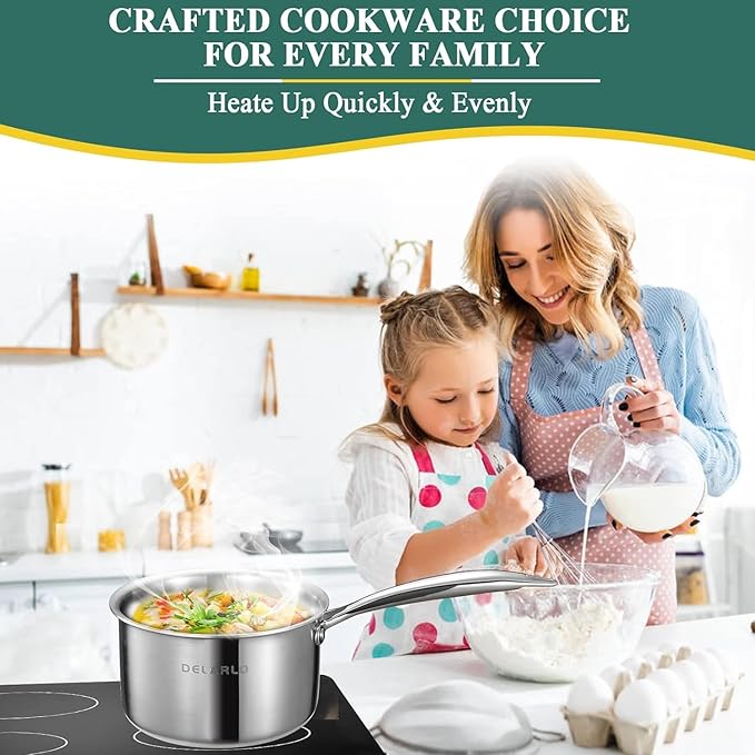 DELARLO Full-body Clad Tri-ply Stainless Steel 1 Quart Saucepan with Lid - Image 6