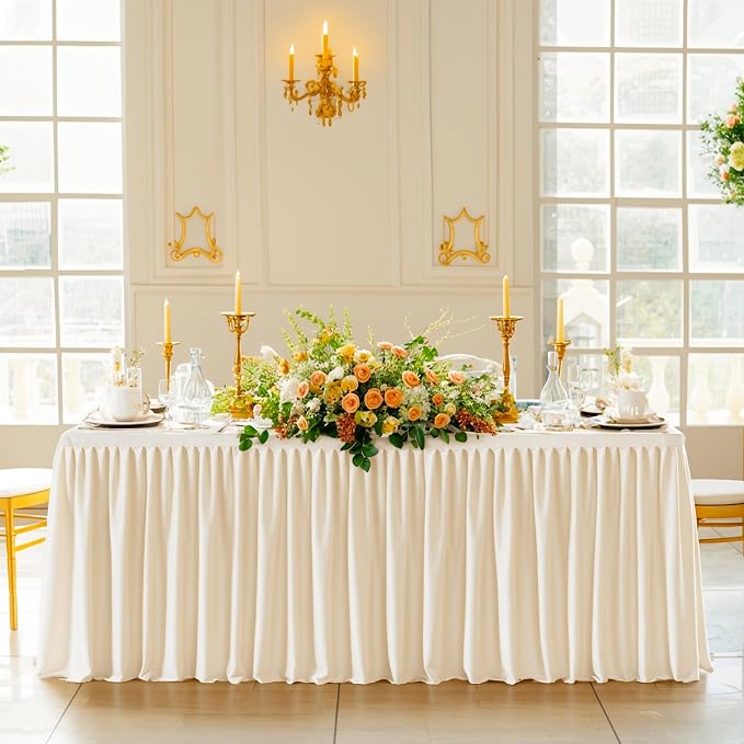 Wish Care Light Champagne Polyester Table Clothes for 8 Foot Rectangle Tables, Wrinkle Free Fitted Table Cover with Pleated Ruffle Table Skirt for Birthday Party Wedding Trade Show Event Display - Image 6
