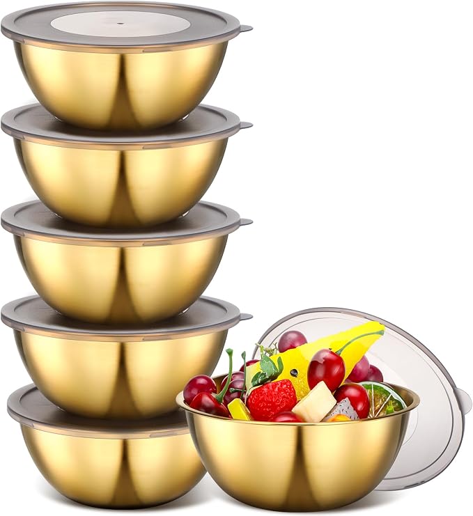 Nuogo 6 Pack 6.69 Inches Gold Stainless Steel Mixing Bowls with Airtight Lids Stackable Metal Serving Esthetician Facial Bowls for Salad, Fruit, Soup & Kitchen Prep by Nuogo