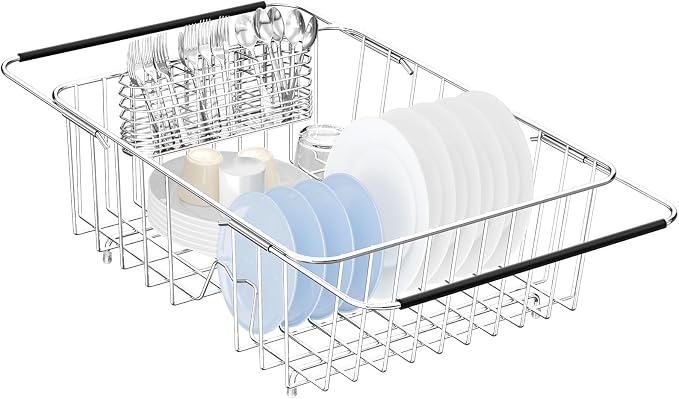 Large Dish Drying Rack in Sink Expandable, Adjustable304 Stainless Steel Metal Dish DrainerRack Organizer with Stainless Steel Utensil Holder Over Inside Sink Counter, Rustproof by YZPGBT