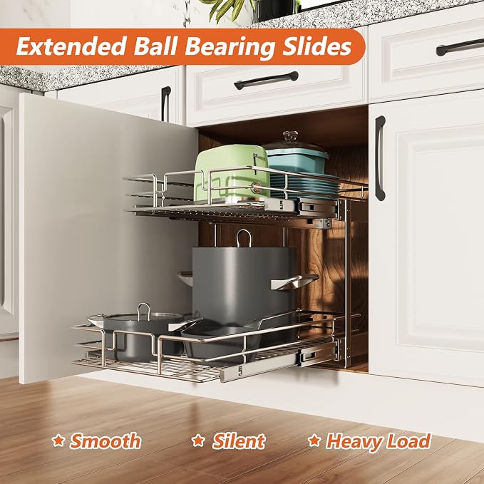 ROOMTEC Individual Pull Out Cabinet Organizer (14" W x 18" D), 2 Tier Spice Rack Organizer for Cabinet, Slide Out Drawer Pantry Shelf Organization and Storage for Kitchen Bathroom - Image 2