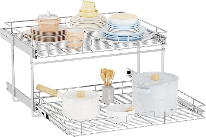 LOVMOR Individual Pull Out Cabinet Organizer, 2 Tier Slide Out Cabinet Drawers, Pots and Pans Organizer and Storage Pantry Shelf for Kitchen (25½" W x 21½" D) by LOVMOR