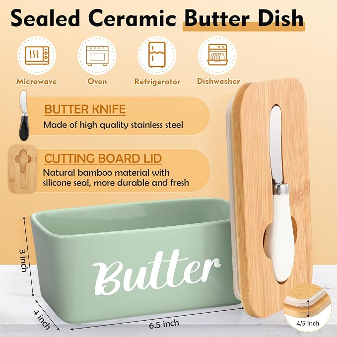 Domensi Metal Bread Box and Ceramic Butter Dish with 3 Airtight Kitchen Canisters Farmhouse Storage Canister Set for Kitchen with Bamboo Cutting Board Lid and Stainless Steel Butter Knife (Green) - Image 3