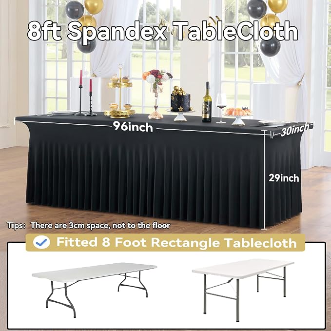 12 pk Black Spandex Tablecloth 8ft with Ruffled Skirt,Wrinkle Free High Stretch Fitted Tablecloths for 8 Foot Rectangle Tables,Pleated Elastic Spandex Table Covers 8ft for Parties Wedding Banquet - Image 4