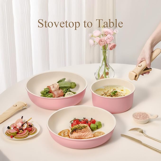CAROTE 19pcs Pots and Pans Set Non Stick, Detachable Handle Cookware, Pink - Image 4