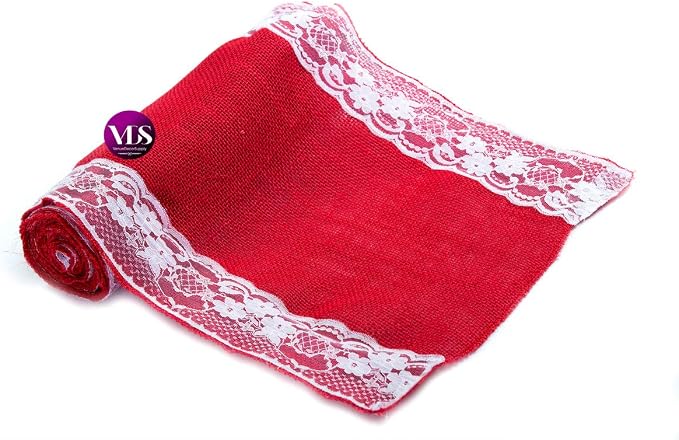 VDS Pack of 10, Burlap Table Runner with White Lace Edge, 100% Natural Jute Rustic Hessian Table Cloth Centerpiece for Wedding Birthday Party Banquet Table Decoration (Size 12X108 Inch)(Red) - Image 3