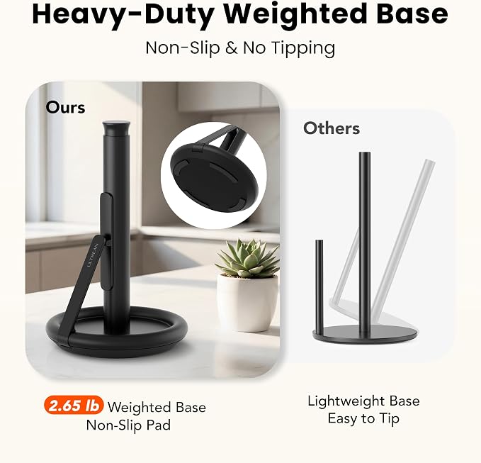 Ultrean Paper Towel Holder Countertop, Freestanding Paper Towel Dispenser with Spring-Loaded Arm for One-Handed Tear, Weighted Non-Slip Base, Stainless Steel for Kitchen, Black - Image 2
