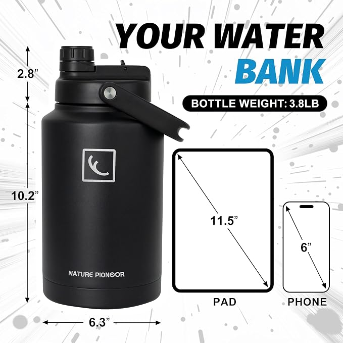 NATURE PIONEOR 1 Gallon (128oz) Insulated Water Bottle Jug with Carrier Bag | 18/8 Food-grade Stainless Steel, Double Vacuum Insulation, Wide-Mouth, Straw & Spout Lid, Strap, Camping, Hiking, Gym, Work - Image 7