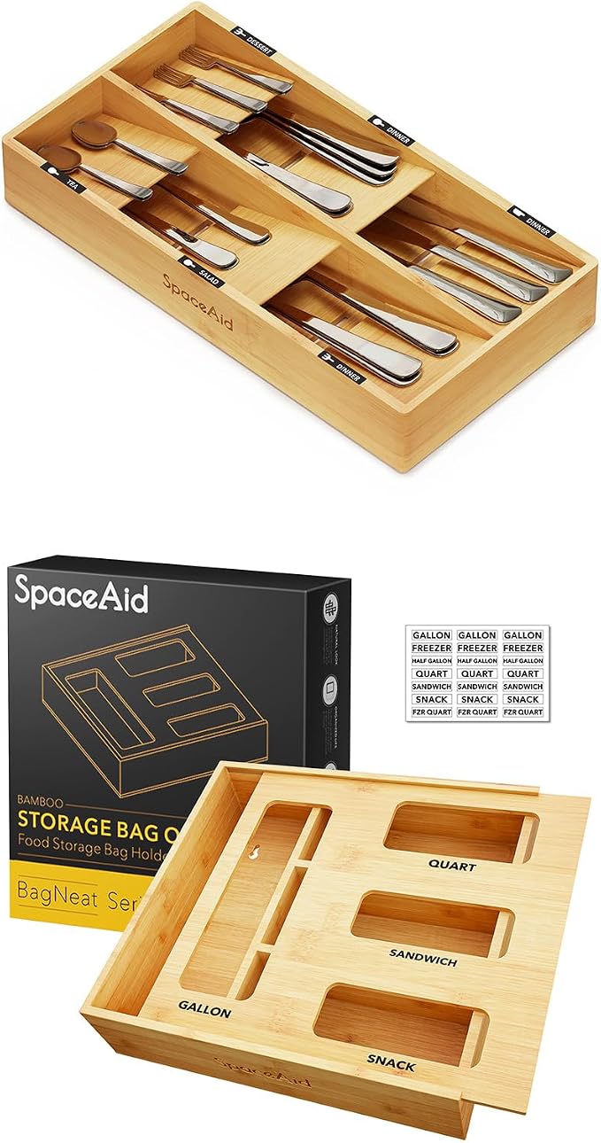 SpaceAid Bamboo Silverware Drawer Organizer with Labels (Natural, 6 Slots) Bag Storage Organizer by SpaceAid