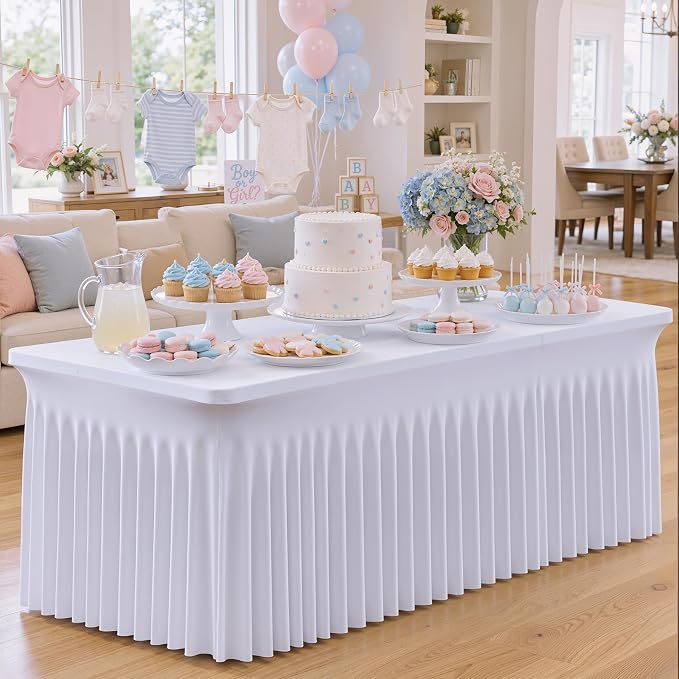CO-AVE 12pack White Spandex Tablecloths 6ft for Rectangle Tables, Wrinkle Free Classy Table Skirt Stretchy 6 Foot Fitted Table Cloths Covers for Weddings Birthday Party Events Banquette Baby Shower - Image 6