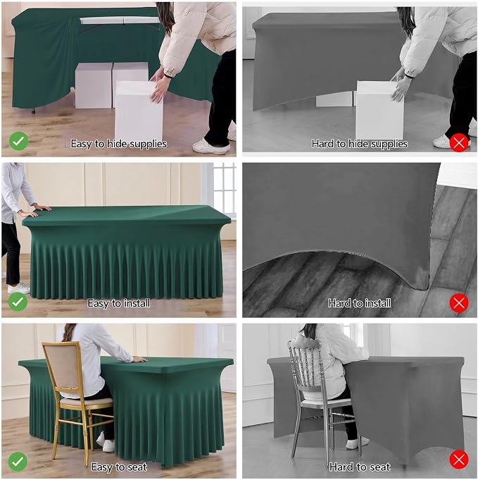 4 Pack Hunter Green Spandex Tablecloths for 8 Foot Rectangle Tables, Wrinkle Free Fitted Table Cloths 8ft Stretchy Table Cloth Cover with Skirt for Parties Weddings Birthday Banquet Baby Shower - Image 4