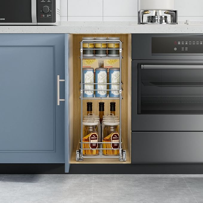 ROOMTEC Pull Out Spice Rack for Narrow Cabinet (8½" W X 20½" D),3 Tier Slide Out Cabinet Organizer and Pull Out Shelves Under Cabinet Storage for Kitchen, Chrome - Image 3