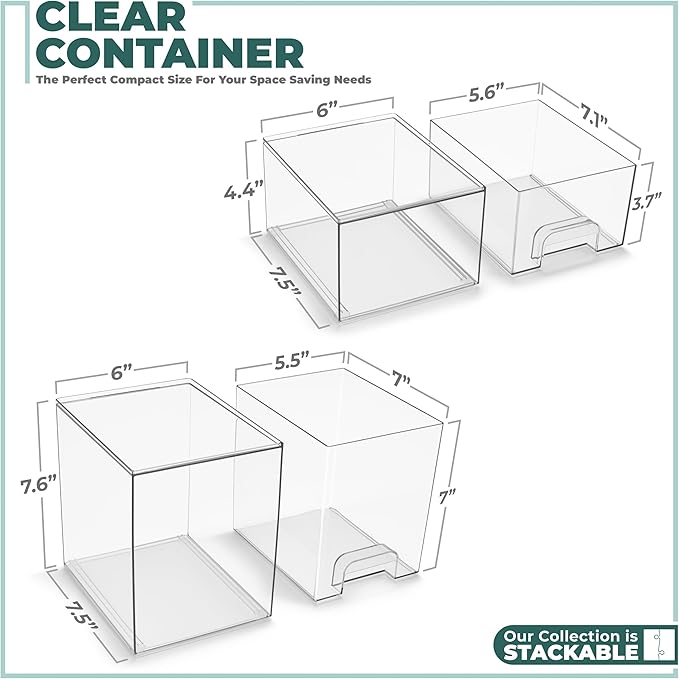 Sorbus Clear Stackable Storage Drawers (2 Pack, 7.6'' and 4.4'' Tall) - Image 3