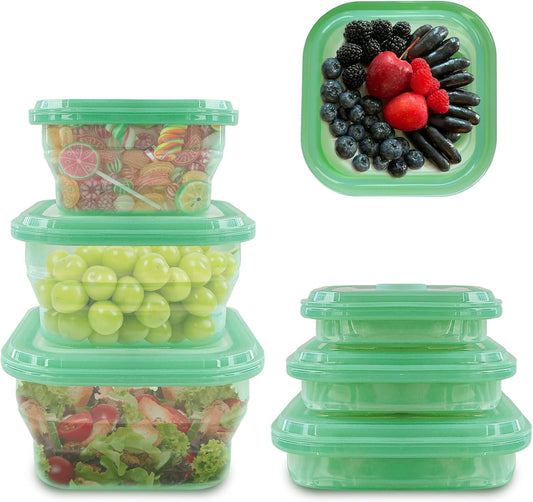 KVK 6 Pack Collapsible Food Storage Containers, Silicone Food Storage Containers With Lids, Green Reusable Collapsible Bowls For Camping, Outdoor Hiking Travel Storage and Mixing