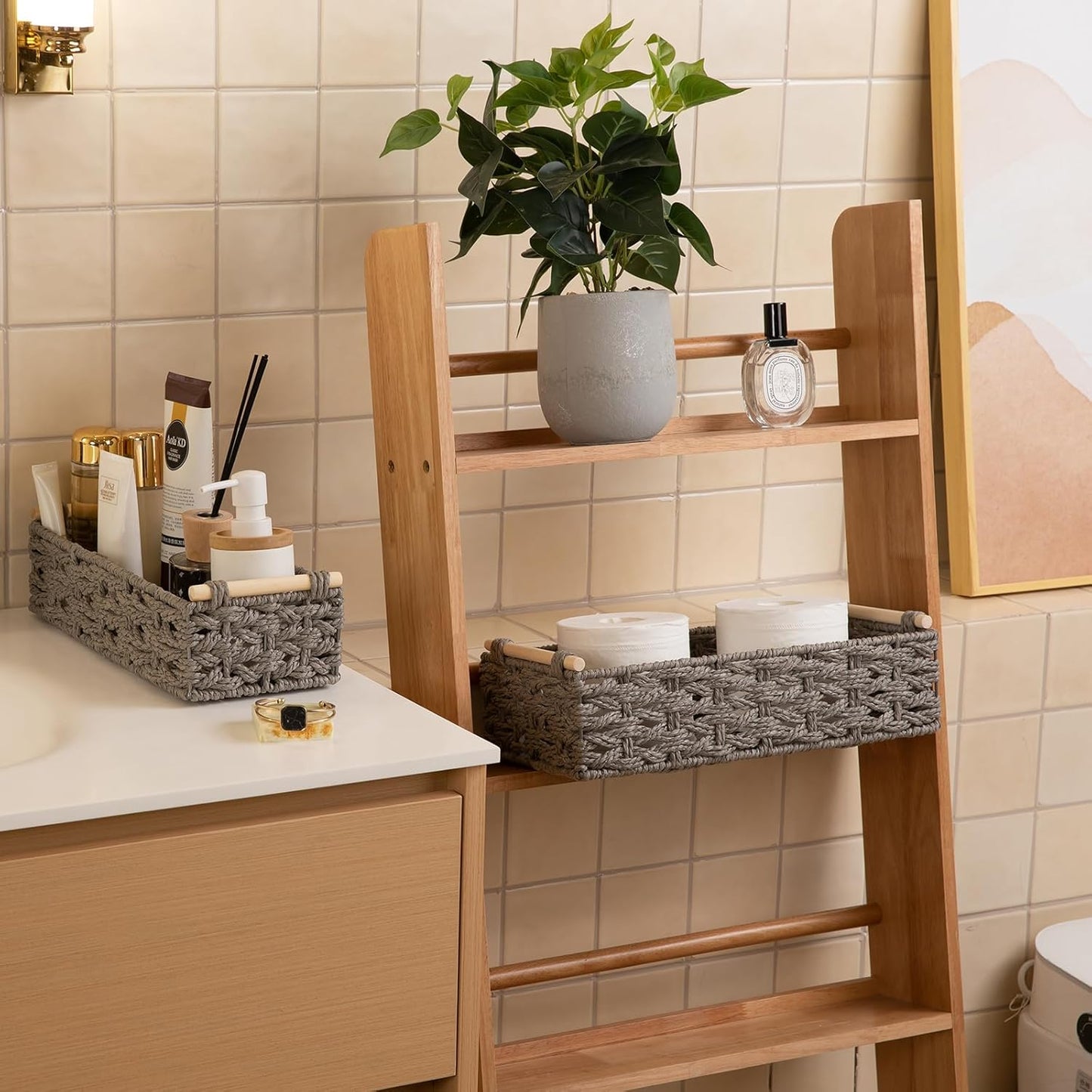 OIAHOMY Toilet Paper Baskets Handmade Paper Rope Decorative Wicker Storage Tank Shelf Cabinet Organizer for Bathroom Home, Set of 2, Grey