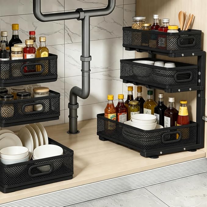 2 Pack 3 Tier Under Sink Organizer with Pull Out Drawer, Height Adjustable Heavy Duty Metal Under Cabinet Organizer, Smooth Sliding Storage Shelf for Kitchen, Bathroom Cabinet Organization, Black - Image 6