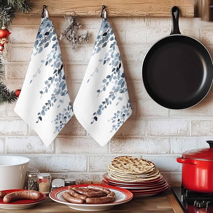 Blue Grey Eucalyptus Kitchen Towels Set of 4, Absorbent Dish Towels for Kitchen, Spring Summer Botanical Plants Chic Microfiber Hand Towel, Quick Drying Tea Towel for Cleaning Decorative Dishcloths - Image 6