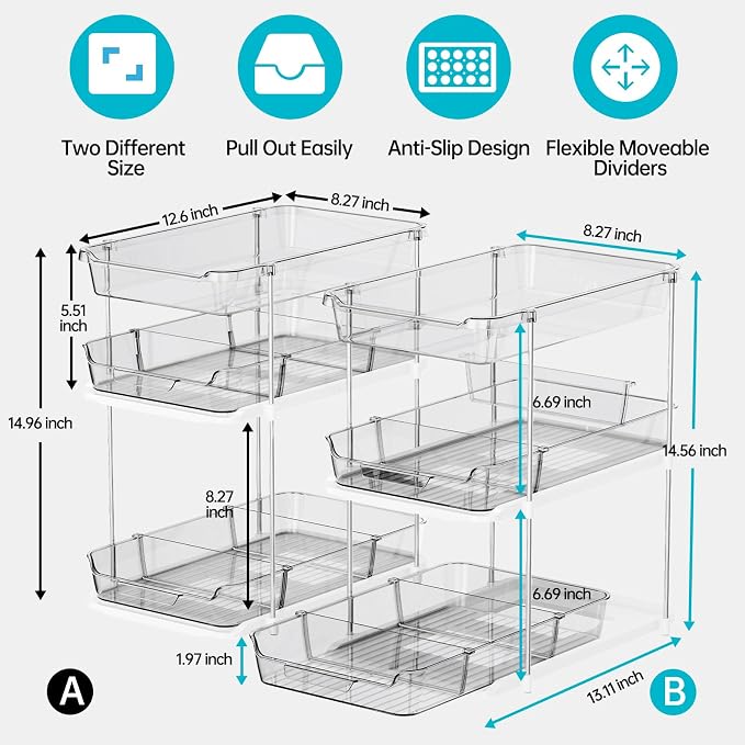 Delamu 2 Pack 3-Tier Bathroom Under Sink Organizers and Storage, Multi-Purpose Stackable Pantry Organization and Storage, Pull Out Clear Kitchen Bathroom Cabinet Organizer with Movable Dividers, Grey - Image 2