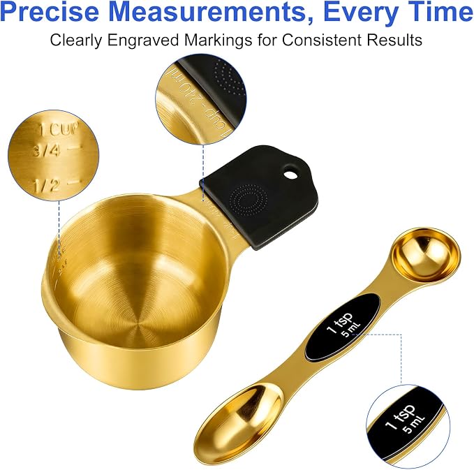 Magnetic Measuring Cups and Spoons Set, Strong N52 Magnets, Heavy Duty 304 Stainless Steel Fits in Spice Jars for Baking & Cooking, BPA Free, Round Set of 15 with Leveler,Gold - Image 4