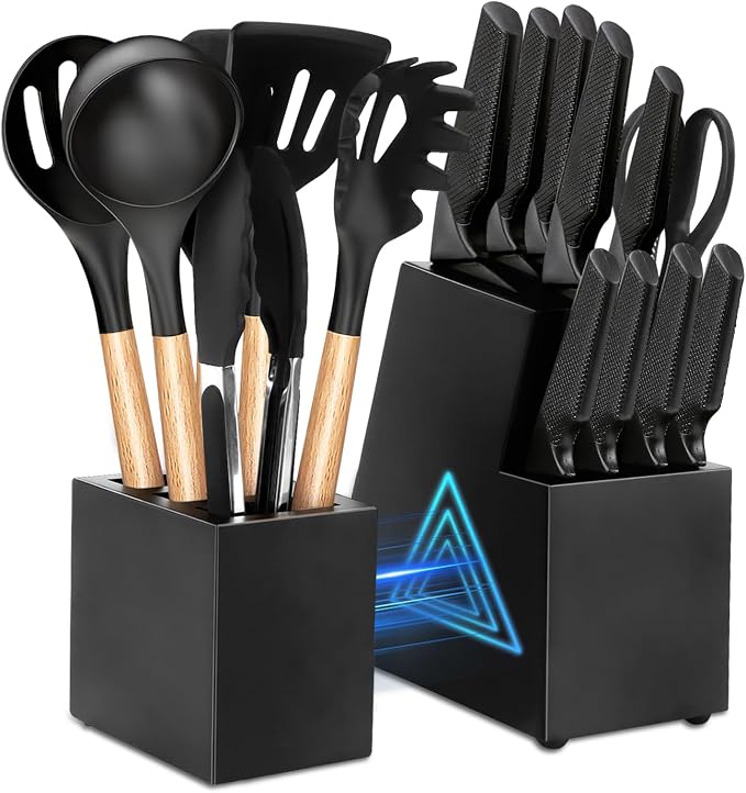 Kitchen Knife Set,18 Pieces Black Kitchen Utensils Set with Holder and Kitchen Professional Chef Knife Set for Cooking,Non-Stick Heat Resistan Silicone Utensils Set with Wooden Handle (Black) by ASellerSpecializinginLife
