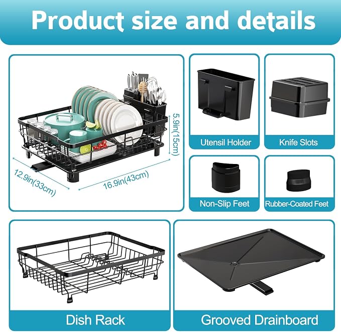 Dish Drying Rack for Kitchen Counter,12.8" W x 16.9" L,Black - Image 6
