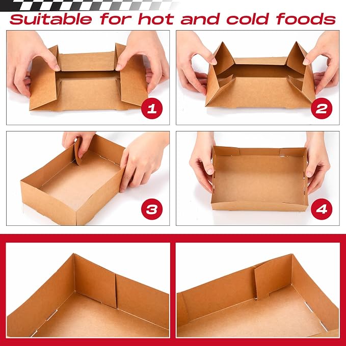 Thenshop 200 Pcs Kraft Paper Food Tray and Disposable Wrapping Paper Set - 4 Corner Pop up Food Box - Foldable Cardboard Trays - Greaseproof Paper Box for Theater Stadium (Black and White) - Image 4