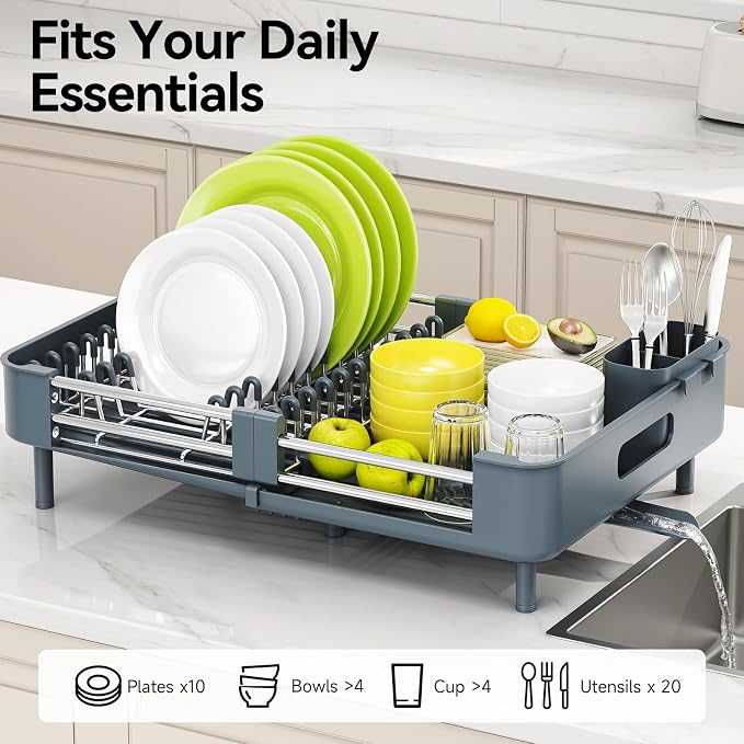 Urackify Extendable Stainless Dish Drying Rack for Kitchen Counter - Image 3