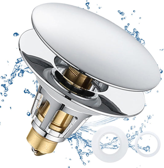 Universal Bathroom Sink Stopper, 1.1~1.5" Sink Drain Stopper, Full Size Bounce Bullet Type Pop Up Basin Drain Strainer, Chrome Anti-Clogging Sink Drain Filter with Hair Catcher (Silver)