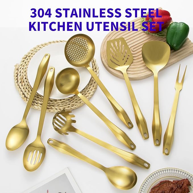 304 Stainless Steel Kitchen Utensil Set - 9pcs Cooking Utensils, Metal Kitchen Utensil Spatula Sets Cookware,High temperature resistance Kitchen Tool Set for Hanging Dishwasher Safe（Gold） - Image 7