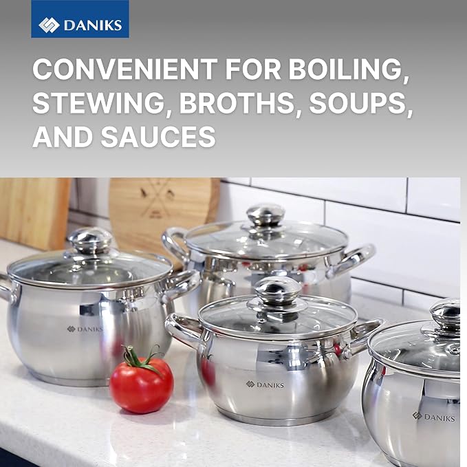 Daniks Classic 11-Piece Stainless Steel Cookware Set with Glass Lids, Includes Saucepan and Frying Pan with Lid, Tri-Ply Bases for Even Heating, Induction Compatible, Dishwasher Safe - Image 7
