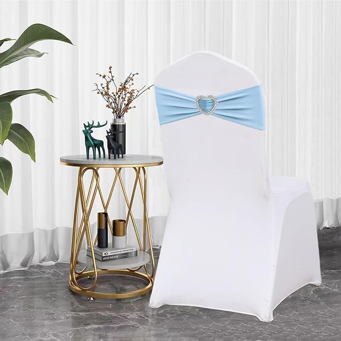 Baby Blue Spandex Chair Sashes 100 Pack Light Blue Sashes for Chairs Covers Stretch Chair Sashes Band with Heart Buckle Slider Wedding Sashes Bows for Banquet Party Event Decoration - Image 4