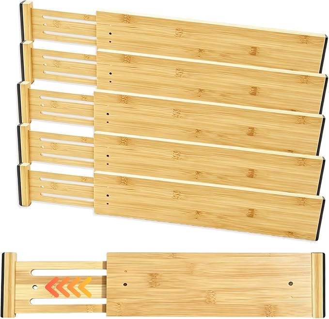 Joyeee Kitchen Drawer Dividers 6 Pack, 16.9-22.1" Adjustable Bamboo Drawer Organizer, 3.86" High Expandable Utensils Separators for Closet, Dresser, Bathroom, Bedroom, Office by Joyeee